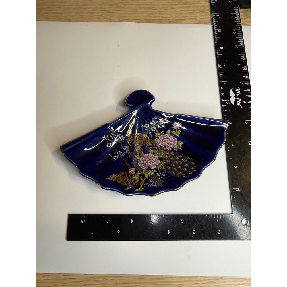 Japanese Cobalt Blue Peacock Peony Fan Shaped Porcelain Trinket Dish Gold Trim